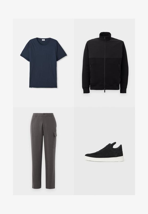 Černá bunda na zip s vysokým límcem, dvěma bočními kapsami na zip a žebrovanými manžetami, položená na bílé ploše.; Námořnická modrá černý tričko s krátkým rukávem a kulatým výstřihem, s malou bílou nálepkou uvnitř límce na bílém pozadí.; Šedé kalhoty s volným střihem, vyrobené z hladkého materiálu. Obsahují zapínání na knoflík, boční kapsy a cargo kapsu na nohavici.; Černé semišové tenisky s bílou gumovou podrážkou, s tónovým prošitím a šněrováním. Hladký povrch s moderním, aerodynamickým tvarem.