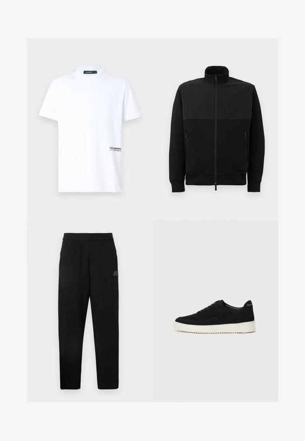 Svart full-zip jakke med høy krage, to glidelåslommer på siden og ribbestrikkede mansjetter, lagt flatt på en hvit bakgrunn.; Hvit polo-skjorte laget av bomull. Har en klassisk krage, korte ermer, og en liten svart logo på nedre høyre side. Fire knappeåpninger.; Sorte tapered joggebukser med elastisk midjebånd og liten trykt logo på øvre venstre lår.; Svart semsket sneakers med snøring og kontrasterende hvit gummisåle. Har teksturerte sidepaneler og subtil merkevare på hælen.
