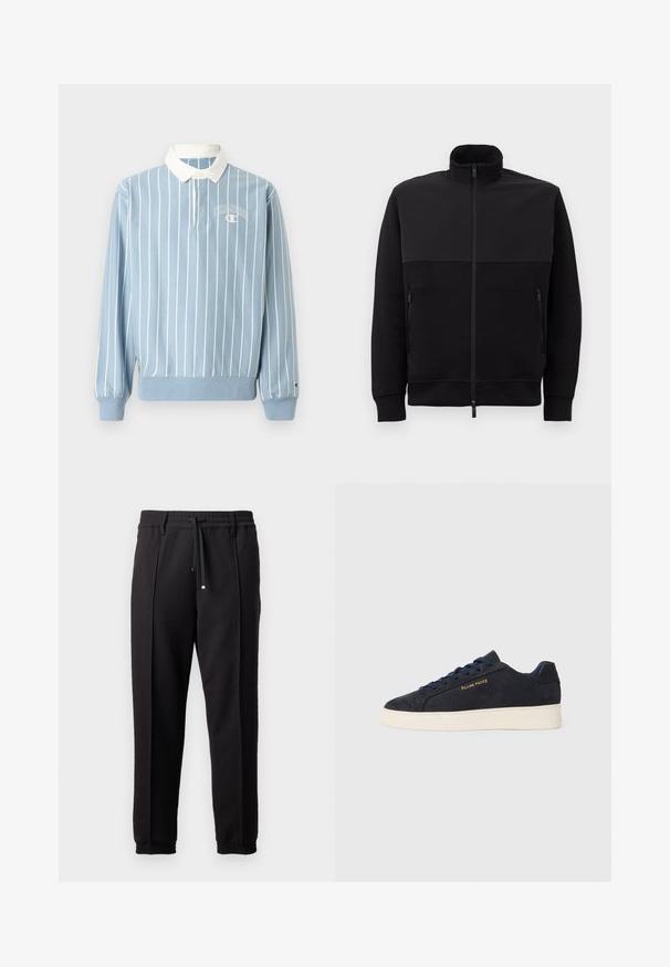 Svart full-zip jakke med høy krage, to glidelåslommer på siden og ribbestrikkede mansjetter, lagt flatt på en hvit bakgrunn.; Lyseblå langermet polo-skjorte med hvite striper, hvit krage og en liten Champion-logo på brystet. Laget av myk stoff.; Sorte bukser med liv, snor og elastiske mansjetter. Har plisséer og et glatt, teksturert stoff.; Marineblå ankelhøyde sneakers i semsket skinn med hvit såle, marineblå snøringer, og "Filling Pieces"-logo i gull på siden.
