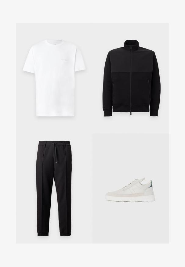 Casaco preto de fecho éclair completo com gola alta, dois bolsos laterais com fecho éclair e punhos canelados, disposto sobre um fundo branco.; T-shirt de algodão branco com mangas curtas, decote redondo, apresentando uma impressão discreta do logótipo cinza na parte esquerda do peito e uma textura suave.; Calças pretas com uma cinta na cintura, cordão ajustável e punhos elásticos. Apresenta pregas e um tecido liso e texturizado.; Ténis brancos em pele com detalhes em camurça cinza, design de atacadores, com alça de puxar e sola de borracha texturizada com padrão em zigzag.