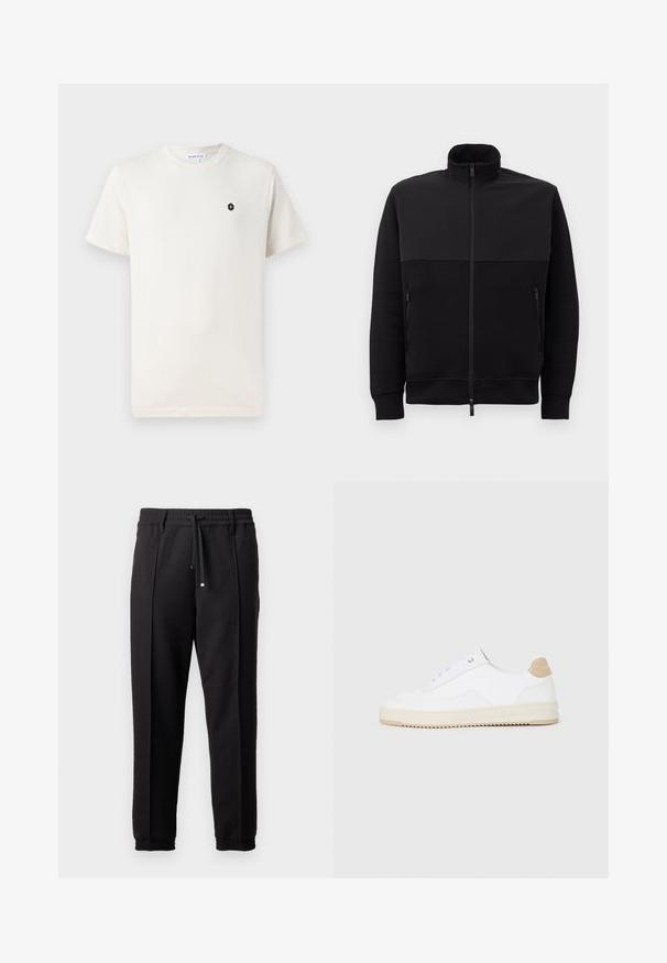 Sort jakke med fuld lynlås og høj krave, to lynlåslommer på siden og ribbede manchetter, lagt fladt på en hvid baggrund.; Cremefarvet bomulds t-shirt med korte ærmer, rund halsudskæring og et lille sort hexagonlogo på venstre brystområde. Glat tekstur.; Sorte bukser med elastisk talje, snørelukning og elastiske manchetter. Har folder og et glat, tekstureret stof.; Hvide lavt-op sneakers med en tekstureret læderoverdel, cremefarvet ribbet sål og en tan hælaccent. Har hvide snørebånd og logo-detalje på hælen.