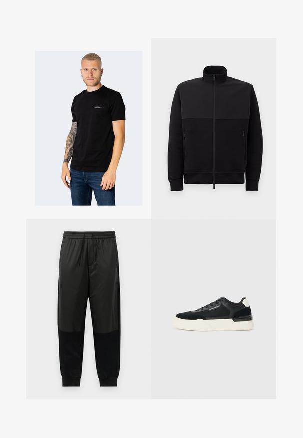 Melnā pilna rāvējslēdzēja jaka ar augstu apkakli, divām rāvējslēdzēja sānu kabatām un ribotām piedurknēm, novietota uz balta fona.; Melnas kokvilnas T-krekls ar īsām piedurknēm, apaļu kakla izgriezumu un nelielu izšūtu logotipu uz krūštura. Valkāts kopā ar ziliem džinsiem.; Melnas sporta bikses, kas izgatavotas no gludas un teksturētas auduma maisījuma, ar elastīgu jostasvietu un auklu, kā arī ar šaurām potītēm.; Melnas sporta kurpes, kas izgatavotas no sieta un ādas, ar biezām baltām zoles un kontrastējošiem akcentiem. Mežģīņu un logo detaļa sānos.