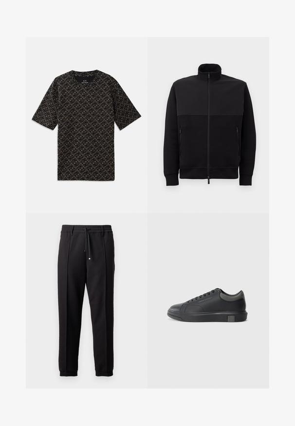 Melnā pilna rāvējslēdzēja jaka ar augstu apkakli, divām rāvējslēdzēja sānu kabatām un ribotām piedurknēm, novietota uz balta fona.; Melna T-kreklis ar visām virsmām ģeometrisku zīmējumu zelta krāsā. Īsas piedurknes, apaļa kakla izgriezums, viegla auduma, brīvas formas.; Melni bikses ar jostu, staipāmu un elastīgām aprocēm. Ar krokām un gludu, teksturētu audumu.; Melna ādas sporta apavi ar gludu apdari, noapaļotu purngali un tumši pelēkiem akcentiem. Aprīkoti ar šņorēšanas dizainu un strukturētu gumijas zoli.