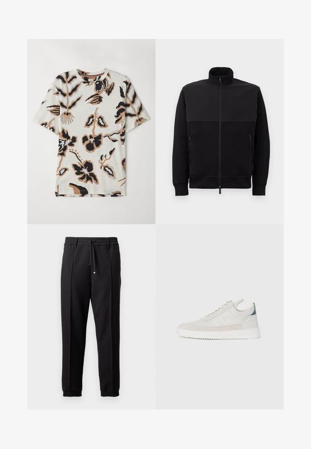 Černá bunda na zip s vysokým límcem, dvěma bočními kapsami na zip a žebrovanými manžetami, položená na bílé ploše.; Tričoko s krátkým rukávem vyrobené z měkké látky, s krémovým pozadím a abstraktními květinovými vzory v černé, hnědé a světle modré barvě.; Černé kalhoty s páskem, šňůrkou na stažení a elastickými manžetami. Obsahují sklady a hladkou, strukturovanou látku.; Bílé kožené tenisky s šedými semišovými akcenty, šněrovací design, poutko a texturovaná gumová podrážka s cik-cak vzorem.