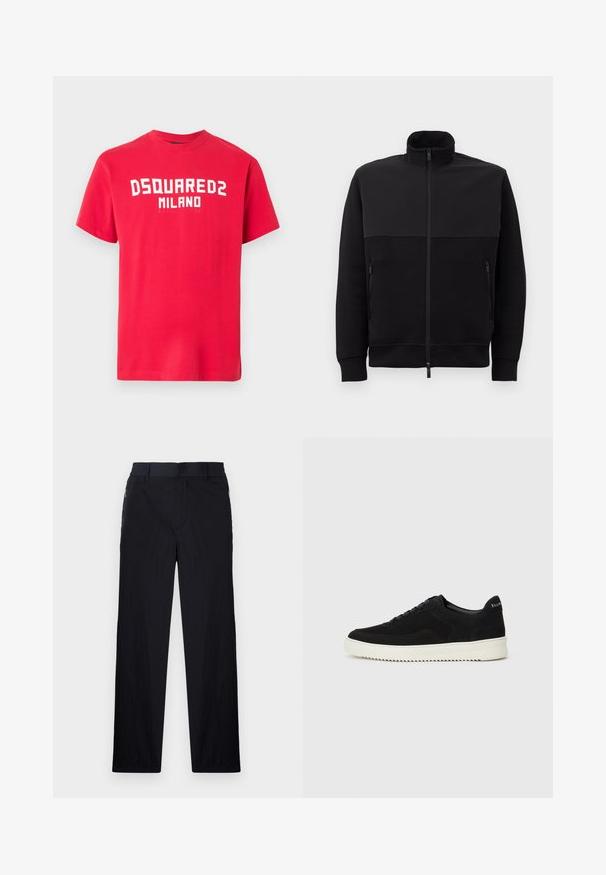 Black full-zip jacket with high collar, two zippered side pockets, and ribbed cuffs, laid flat on a white background.; Red cotton T-shirt with short sleeves and a crew neck. Features bold white text "DSQUARED2 MILANO" across the front. Smooth texture.; Black trousers featuring a lightweight, textured fabric, straight-leg design, elastic waistband, and side zip pockets.; Black suede sneaker with lace-up design and contrasting white rubber sole. Features textured side panels and subtle branding on the heel.