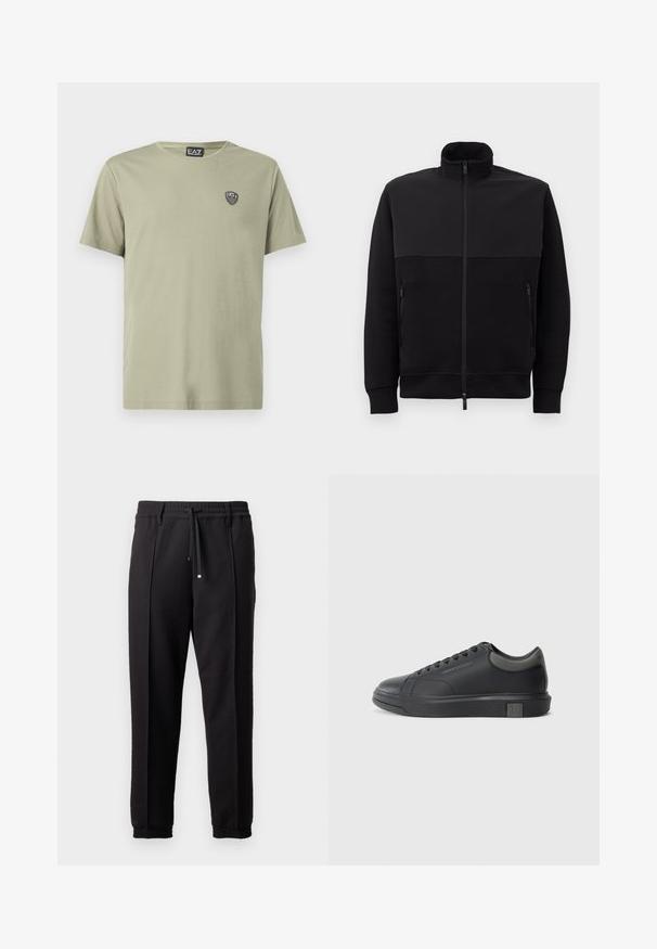 Czarna kurtka z pełnym zamkiem, z wysokim kołnierzem, dwoma bocznymi kieszeniami na zamek oraz ściągaczami przy mankietach, ułożona na płasko na białym tle.; Jasnozielona koszulka wykonana z miękkiej bawełny, z okrągłym dekoltem i krótkimi rękawami. Z przodu małą czarną naszywkę z logo.; Czarne spodnie z pasem, sznurkiem do regulacji i elastycznymi mankietami. Posiadają kanty oraz gładki, teksturowany materiał.; Czarne skórzane sneakersy o gładkim wykończeniu, zaokrąglonym nosku i ciemnoszarych akcentach. Posiadają sznurowaną konstrukcję oraz teksturowaną gumową podeszwę.