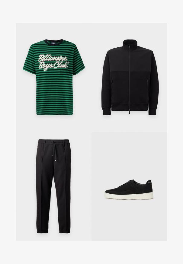 Fekete, teljes hosszúságú, cipzáros dzseki magas gallérral, két cipzáras oldalzsebbel és bordázott mandzsettával, fehér háttéren fekve.; Zöld és fekete csíkos pamut póló, fehér grafikás "Billionaire Boys Club" logóval, kerek nyakkivágással és rövid ujjakkal.; Fekete nadrág derékpánttal, húzózsinórral és rugalmas mandzsettákkal. Jellemző rá a pliszírozás és a sima, textúrált anyag.; Fekete velúr sportcipő fűzős dizájnnal és kontrasztos fehér gumitalppal. Jellemzői a textúrázott oldalpanelek és a diszkrét logó a sarokon.