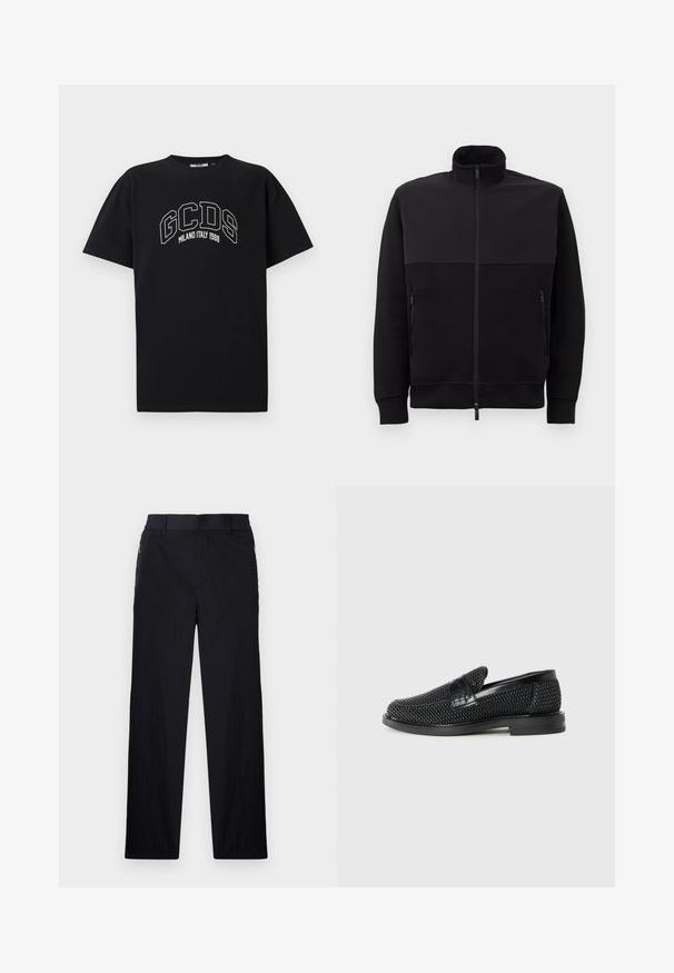 Melnā pilna rāvējslēdzēja jaka ar augstu apkakli, divām rāvējslēdzēja sānu kabatām un ribotām piedurknēm, novietota uz balta fona.; Melna kokvilnas T-krekls ar īsām piedurknēm. Iezīmēts ar balto GCDS logo un tekstu "MILANO ITALY 1988" arkā. Standarta piegriezums un apaļa kakla izgriezums.; Melni bikses ar vieglu, teksturētu audumu, taisnu kāju dizainu, elastīgu jostu un sānu rāvējslēdzēju kabatām.; Melnas austas slaidu kurpes ar gludu ādas akcentu augšpusē, apaļas formas purngalu un zemas profila gumijas zoli.
