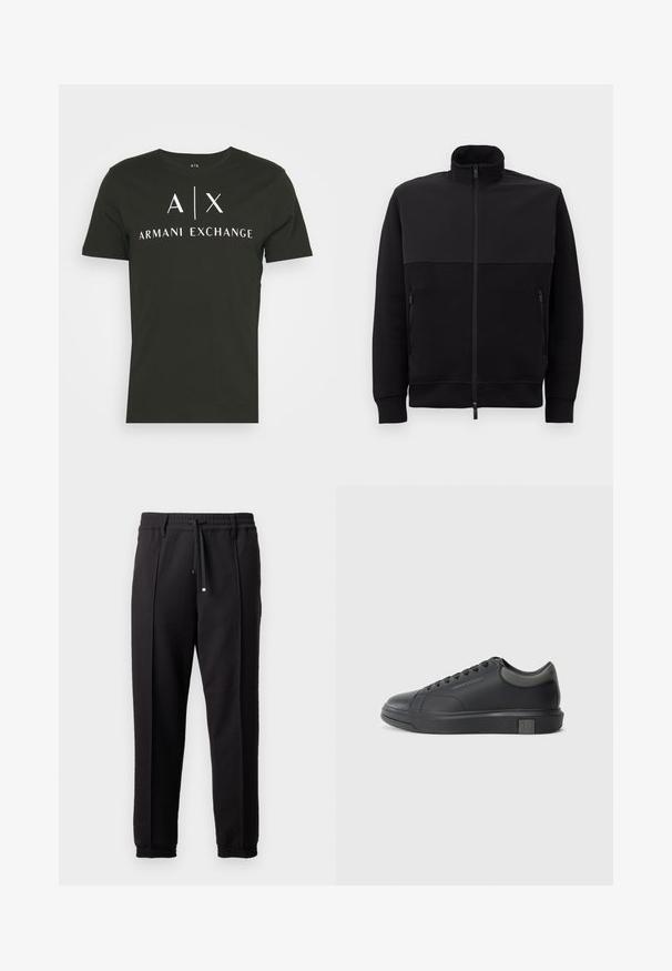 Čierna bunda na zips s vysokým golierom, dvoma zipsovými bočnými vreckami a manžetami s rebrovaním, položená na bielom pozadí.; Čierne tričko s okrúhlym výstrihom vyrobené z bavlny, s bielym logom "A|X ARMANI EXCHANGE". Krátke rukávy a voľný strih.; Čierne nohavice s pásom, šnúrkou na stiahnutie a elastickými manžetami. Obsahujú pútkové prešitia a hladkú, textúrovanú látku.; Čierne kožené tenisky s hladkým povrchom, zaoblenou špičkou a tmavošedými akcentmi. Obsahujú šnurovací dizajn a štruktúrovanú gumovú podrážku.