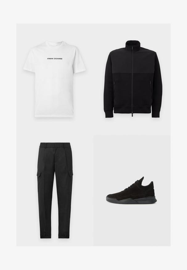 Casaco preto de fecho éclair completo com gola alta, dois bolsos laterais com fecho éclair e punhos canelados, disposto sobre um fundo branco.; T-shirt de algodão branca com mangas curtas e decote redondo. Exibe "ARMANI EXCHANGE" em letras pretas negrito no peito.; Calças cargo pretas com uma cintura elástica, perna afunilada, bolsos laterais e um único bolso cargo na coxa esquerda. Textura suave.; Sapatilha de camurça preta com um perfil baixo, parte superior texturizada, atacadores planos e uma sola de borracha sólida com um ligeiro salto e design curvo.
