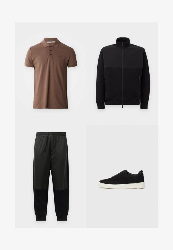 Svart full-zip jakke med høy krage, to glidelåslommer på siden og ribbestrikkede mansjetter, lagt flatt på en hvit bakgrunn.; Brun polo-shirt laget av bomull med klassisk krage, tre knapper og korte ermer; har et brodert logo på brystet.; Svarte treningsbukser med en blanding av glatte og teksturerte stoffer, elastisk midjebånd med snor, og smale mansjetter.; Svart semsket sneakers med snøring og kontrasterende hvit gummisåle. Har teksturerte sidepaneler og subtil merkevare på hælen.