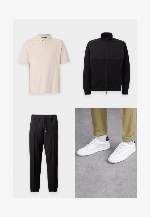 Czarna kurtka z pełnym zamkiem, z wysokim kołnierzem, dwoma bocznymi kieszeniami na zamek oraz ściągaczami przy mankietach, ułożona na płasko na białym tle.; Jasno beżowa koszulka polo, krótki rękaw, kołnierzyk, zapięcie na dwa guziki, subtelne logo na piersi, wykonana z miękkiego bawełnianego materiału.; Czarne spodnie z pasem, sznurkiem do regulacji i elastycznymi mankietami. Posiadają kanty oraz gładki, teksturowany materiał.; Białe sneakersy z fakturowaną skórzaną wykończeniem, okrągłym noskiem i czarnym akcentem na pięcie. Gumowa podeszwa z małym wzorem bieżnika i przeszyciem.