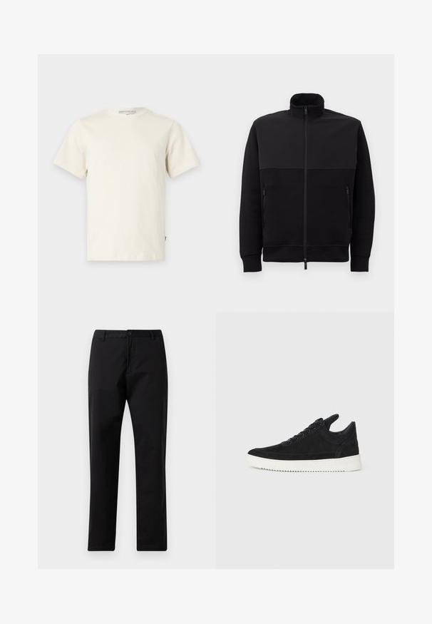 Zwarte full-zip jack met hoge kraag, twee ritszakken aan de zijkanten en geribbelde manchetten, plat gelegd op een witte achtergrond.; Lichtbeige katoen t-shirt met een ronde halslijn en korte mouwen. Kenmerkt zich door een rechte snit en een klein logotag aan de linkerkant.; Zwarte rechte broek met knoop- en ritssluiting, riemlussen en steekzakken, weergegeven op een witte achtergrond.; Zwarte suède sneakers met een witte rubberen zool, voorzien van tonale stiksels en een vetersluiting. Glad oppervlak met een moderne, gestroomlijnde vorm.