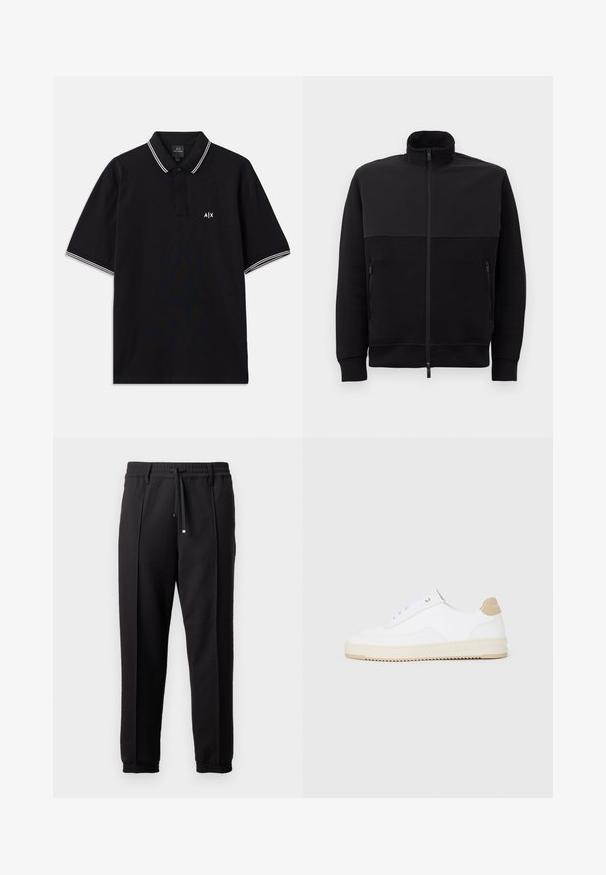 Svart full-zip jakke med høy krage, to glidelåslommer på siden og ribbestrikkede mansjetter, lagt flatt på en hvit bakgrunn.; Svart polo skjorte laget av bomull, med krage med to knapper, hvite striper på ermene og en logo på brystet.; Sorte bukser med liv, snor og elastiske mansjetter. Har plisséer og et glatt, teksturert stoff.; Hvite lave sneakers med overdel i teksturert skinn, kremfarget såle med ribber og en brunt fargeklatt på hælen. Har hvite lisser og logodetalj på hælen.