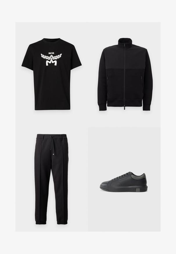 Musta täysipitkä vetskari takki, jossa on korkea kaulus, kaksi vetoketjullista sivutaskua ja ribbaalimuotoillut hihansuut, asetettuna litteäksi valkoista taustaa vasten.; Musta puuvillane T-särk lühikeste varrukatega, millel on ees suur valge MCM logo ja loorberivõitja kujundus. Klassikaline ringkaelus.; Mustat housut, joissa on vyötäröhine, naru ja joustavat hihnat. Ominaisuuksiin kuuluvat pleatit ja sileä, teksturoitu kangas.; Musta nahkasneakeri, jossa on sileä pinta, pyöreä varvastulli ja tummanharmaat yksityiskohdat. Varustettu nauhakiinnityksellä ja kuvioidulla kumipohjalla.