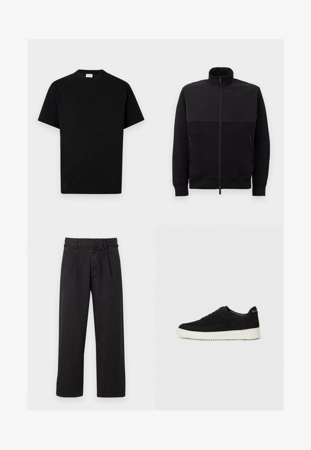 Jachetă neagră cu fermoar complet, cu guler înalt, două buzunare laterale cu fermoar și manșete cu model din fibră, întinsă pe un fundal alb.; Tricou din bumbac negru cu decolteu rotund, mâneci scurte și croială dreaptă. Fără modele vizibile sau detalii metalice.; Pantaloni din bumbac negri, cu croială dreaptă, având un față plisată, bucle pentru centură și închidere cu nasture. Textură netedă, fără modele.; Adidași negri din suede cu design cu șireturi și talpă din cauciuc alb contrastant. Prezintă panouri laterale texturate și branding subtil pe toc.