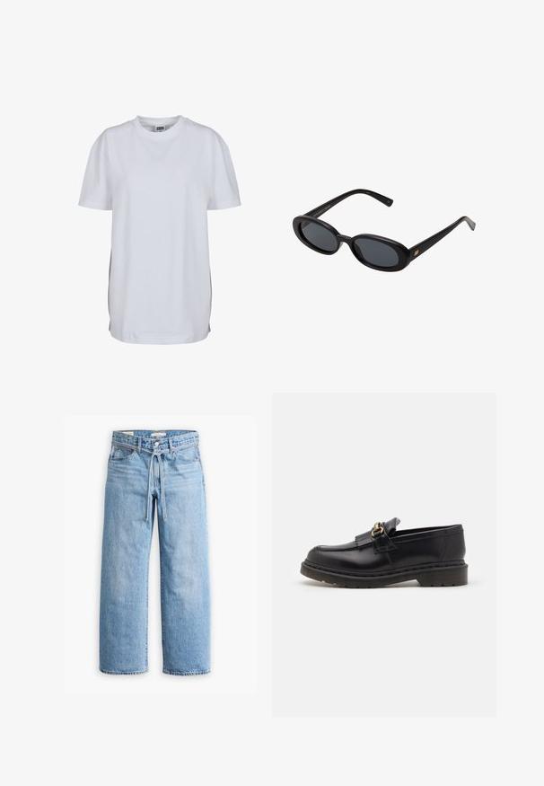 Čierny zipsový kardigán vyrobený z mäkkej, štruktúrovanej látky, s vysokým golierom a dvoma prednými vreckami. Jednoduchý dizajn s minimálnymi akcentmi.; Biely tričko s krátkym rukávom vyrobené z bavlny, s okrúhlym výstrihom a voľným strihom, bez viditeľných vzorov alebo grafiky.; Svetlomodré riflové nohavice so širokými nohavicami a vysokým pásom, s gombíkom a zipsovým zapínaním a šnúrkou na páse. Úprava s prirodzeným okrajom.; Čierne kožené mokasíny s okrúhlou špičkou, dekoratívnym strapcom a zlatými kovovými detailmi. Hrubá gumová podrážka pre lepšiu trakciu a odolnosť.; Čierne oversized slnečné okuliare s oválnymi šošovkami, hladkým plastovým rámom a zlatými akcentmi na straniciach. Tmavé šošovky poskytujú ochranu pred slnkom.