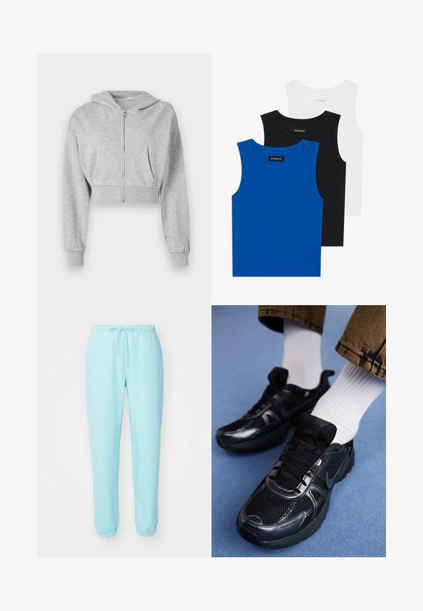 Gray cropped hoodie made of soft fabric, featuring a front zipper, long sleeves, and two front pockets. Smooth texture, adjustable hood.; Three sleeveless shirts in blue, black, and white. The fabric is ribbed with a round neckline. Each shirt has a tag labeled “even&odd.”; Light blue sweatpants with an elastic waistband, adjustable drawstring, and tapered legs. Made of soft, smooth fabric with no visible logos.; Black Nike sports shoes feature a mesh upper with shiny accents, black laces, and a textured sole. Paired with white ribbed socks.