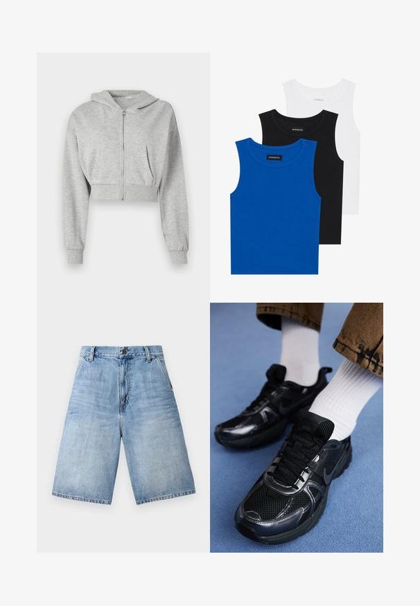 Szara, krótka bluza z kapturem, wykonana z miękkiego materiału, z przednim zamkiem błyskawicznym, długimi rękawami oraz dwoma przednimi kieszeniami. Gładka tekstura, regulowany kaptur.; Trzy bezrękawniki w kolorach niebieskim, czarnym i białym. Materiał to prążkowana tkanina z okrągłym dekoltem. Każdy top ma metkę z napisem "even&odd."; Jasnoniebieskie szorty dżinsowe o luźnym kroju, z pięcioma kieszeniami i zapięciem na guzik w pasie. Postrzępiony brzeg na nogawkach.; Czarne buty sportowe Nike mają siateczkową cholewkę z błyszczącymi akcentami, czarne sznurówki i teksturowaną podeszwę. Połączone z białymi, prążkowanymi skarpetami.
