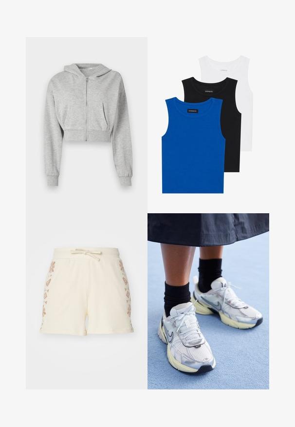 Haut de survêtement gris court en tissu doux, avec une fermeture éclair à l'avant, des manches longues et deux poches avant. Texture lisse, capuche ajustable.; Trois débardeurs sans manches en bleu, noir et blanc. Le tissu est côtelé avec un col rond. Chaque débardeur a une étiquette portant la mention « even&odd ». ; Shorts côtelés de couleur crème avec une taille à cordon de serrage, ornés de motifs floraux et géométriques marron sur les côtés.; Baskets Nike blanches et argentées avec tissu en maille, accents réfléchissants et semelle beige. Portées avec des chaussettes noires, se tenant sur une surface bleue.