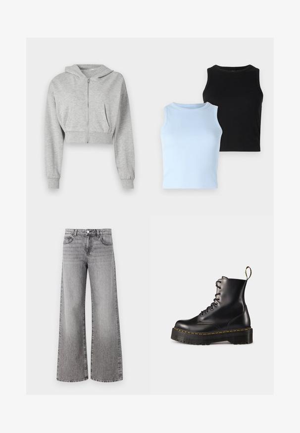 Pelēks īss kapuci krekls, kas izgatavots no mīkstas auduma, ar priekšējo rāvējslēdzēju, garām piedurknēm un divām priekšējām kabatām. Gluda tekstūra, regulējama kapuce.; Divas bez piedurknēm: viena gaiši zila, otra melna. Abas ir ribota auduma ar apaļu izgriezumu. Dizains ir pieguļošs, bez redzamām rakstu vai akcentu detaļām.; Platas kājas džinsi, izgatavoti no pelēkā denima ar nolietotu apdari. Iespējas ietver klasiskās kabatas un pogu aizdari jostasvietā.; Melnas ādas lakotās potītes ar masīvu melnu zoli un dzelteno šuvju. Izvērsta cilpa aizmugurē un apaļie metāla acu caurumi.