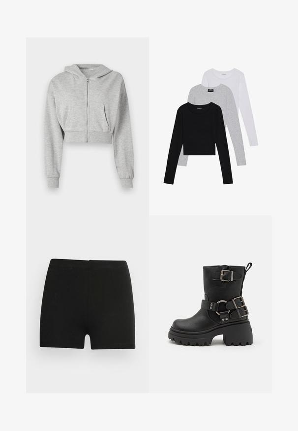 Szara, krótka bluza z kapturem, wykonana z miękkiego materiału, z przednim zamkiem błyskawicznym, długimi rękawami oraz dwoma przednimi kieszeniami. Gładka tekstura, regulowany kaptur.; Trzy bluzki z długim rękawem ułożone jedna na drugiej: czarna, szara i biała. Każda z okrągłym dekoltem i skróconym fasonem, wykonana z gładkiego, lekkiego materiału.; Czarnie bawełniane szorty o dopasowanym kroju i elastycznym pasie. Gładka tekstura, długość do połowy uda, bez widocznych wzorów czy akcentów.; Czarne skórzane botki za kostkę z grubą podeszwą, akcentami klamry i paska, oraz teksturowanym wykończeniem. Wyposażone w uchwyt ułatwiający zakładanie.