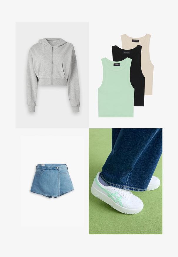Gray cropped hoodie made of soft fabric, featuring a front zipper, long sleeves, and two front pockets. Smooth texture, adjustable hood.; Three tank tops in mint green, black, and beige; made of ribbed fabric with a round neckline and no sleeves. Brand label visible.; Denim shorts in light blue, featuring a wrap design, front pockets, and a metal button closure. Smooth texture with stitched edges.; White sneakers with mint green accents, smooth leather upper, perforated toe, thick sole, worn with blue denim jeans, on green surface.