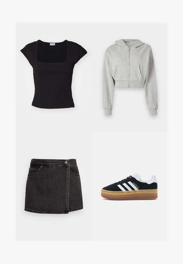Šedá zkrácená mikina s kapucí vyrobená z měkké látky, s předním zipem, dlouhými rukávy a dvěma předními kapsami. Hladký povrch, nastavitelná kapuce.; Černý krátký rukáv top s čtvercovým výstřihem, vyrobený z měkké tkaniny. Má přiléhavý střih a hladkou texturu. Žádné viditelné vzory nebo akcenty.; Černá denimová minisukně s mírně strženým lemem, dvěma předními kapsami a stříbrným zapínáním. Obsahuje boční vázací design.; Černé semišové tenisky s bílými akcenty a třemi pruhy, s texturovaným bílým podpatkem, gumovou podrážkou a brandingem "Gazelle".