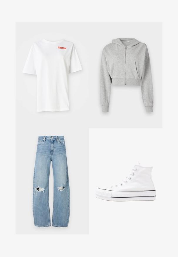 Grijze cropped hoodie van zachte stof, met een ritssluiting aan de voorkant, lange mouwen en twee voorzakken. Gladde textuur, verstelbare capuchon.; Witte katoen t-shirt met korte mouwen en een ronde hals, met een klein rood Columbia-logo op de linkerkant van de borst.; Lichtblauwe, hooggeritste jeans van denim. Beschikken over wijde pijpen, twee gescheurde knievalken en klassieke vijfzakken styling.; Witte high-top canvas sneakers met een zwarte rubberen zool, een rubberen neuskap aan de voorkant en zes gaatjes voor veters, met een schone, minimalistische uitstraling.