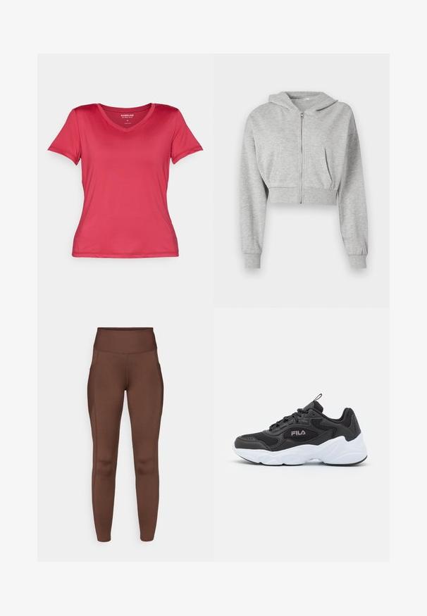 Grå cropped hoodie lavet af blødt stof, med lynlås foran, lange ærmer og to forlommer. Glat tekstur, justerbar hætte.; V-hals, T-shirt med korte ærmer i lys pink, lavet af glat, strækbart stof. Har et tætsiddende design med rene linjer og ingen synlige mønstre.; Brune strækbare leggings med høj talje, der har sidelommer og en glat tekstur. Søm-detaljen fremhæver formen.; Sort atletiksko med mesh og syntetisk materiale, der har en hvid gummisål, afrundet design og fremtrædende logo på siden.