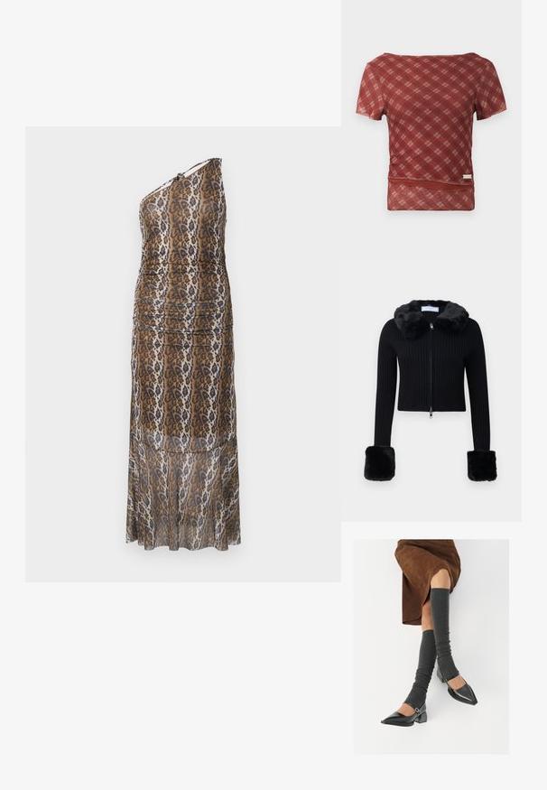 Svart ribbad zip-up kofta med fuskpälskrage och matchande stora fuskpälsmanchetter på långärmar.; One-shoulder, golvlång klänning med brun, svart och vit djurmönster och en lätt rynkad design på en vit bakgrund.; Röd och beige rutigt kortärmad topp med en smidig textur och en figurnära midja, med en fåll som har en subtil samlingsdetalj.; Svarta lackläderskor med spetsig tå, blockklack och ankelrem, i kombination med grå ribbade benvärmare och en brun mockakjol.