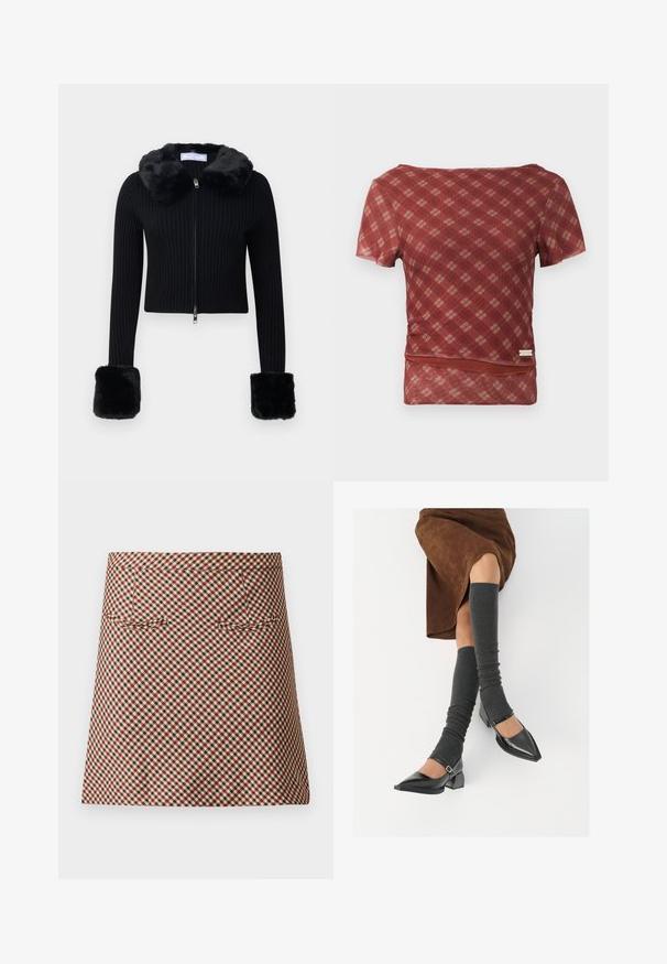 Cardigan negru cu rețea, cu fermoar, guler din blană artificială și manșete mari din blană artificială asortate pe mâneci lungi.; Top scurt cu maneci scurte, în carouri roșii și bej, cu o textură fină și o talie ajustată, având un tiv cu un detaliu subtil de strângere.; Fustă scurtă din material tartan, cu un model în carouri roșii, negre și crem. Este realizată dintr-un material neted și are două buzunare în față.; Pantofi negri din piele lacuită, cu vârful ascuțit, toc bloc și curea la glezna, asortați cu jambiere gri cu nervuri și o fustă din suede maro.