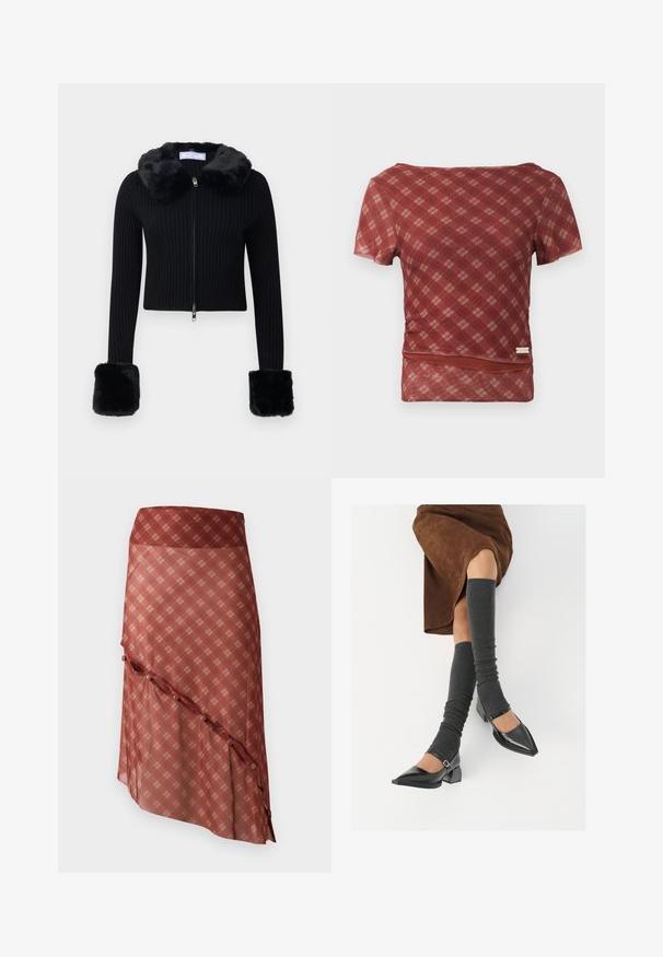 Cardigan zippé noir à côtes avec col en fausse fourrure et grands poignets en fausse fourrure assortis sur les manches longues.; Haut à manches courtes à carreaux rouge et beige avec une texture lisse et une taille cintrée, présentant un ourlet avec un subtil détail froncé.; Jupe rougeâtre avec un ourlet diagonal, ornée d'un motif à carreaux dans des tons plus clairs, accentuée par des détails de boutons le long du bord.; Chaussures à bout pointu en cuir verni noir avec un talon bloc et une bride à la cheville, accompagnées de jambières en maille grise et d'une jupe en daim marron.