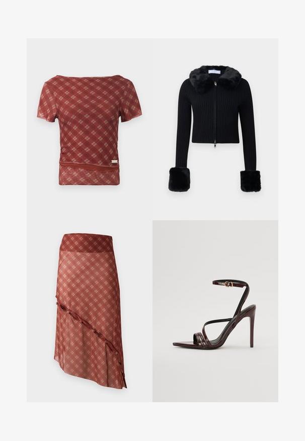 Zwart geribbelde ritscardigan met faux fur kraag en bijpassende grote faux fur manchet aan de lange mouwen.; Rood en beige geruite top met korte mouwen, een soepele textuur en een aansluitende taille, met een zoomlijn die een subtiele plooidetail heeft.; Rode rok met een diagonale zoomlijn, voorzien van een ruitenpatroon in lichtere tinten, met knoopdetails langs de rand.; Bordeaux gepatineerde leren hoge hakken sandaal met een enkelbandje, puntige neus en drie horizontale banden over de voet. Details met gouden gesp.