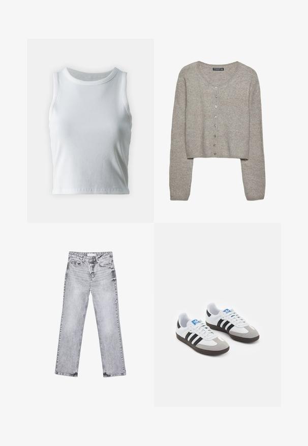 Lys grå cropped cardigan lavet af blødt strik med lange ærmer, rund halsudskæring og seks metalknapper foran.; Hvid ribbet tanktop med rund halsudskæring og ærmeløs design, med en lige kant og en glat, strækbar tekstur.; Grå denim jeans med lige ben, distressed detaljer, fem lommer og kobbernitter. Taljebåndet har et logomærke.; Sportsko med en overdel i hvid læder, grå ruskind på tåen og tre sorte striber. Har et blåt logo på tungen og en struktureret gummisål.