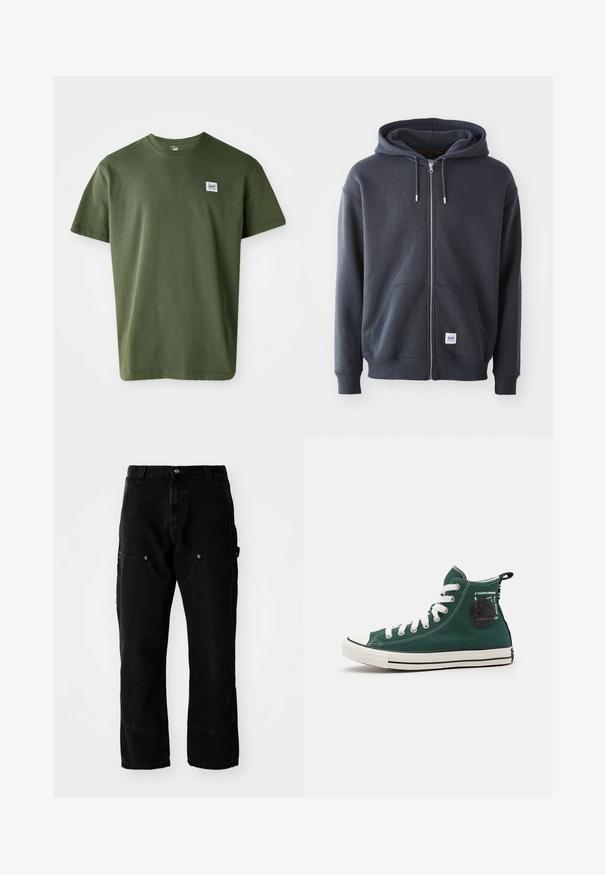 Sudadera con cremallera de color gris oscuro, hecha de algodón. Presenta una capucha con cordón, bolsillos frontales, puños acanalados y un pequeño parche con el logotipo en el dobladillo.; Camiseta de algodón verde oliva con cuello redondo, mangas cortas y un pequeño parche de logo en el lado izquierdo del pecho. Textura suave, corte relajado.; Pantalones cargo de mezclilla negros con un ajuste relajado, que cuentan con dos bolsillos frontales, bolsillos laterales y detalles de costura visibles.; Zapatillas altas de lona verde con cordones blancos, punta de goma y detalles en negro. Presenta un parche con el logo en el lateral y costuras en contraste.