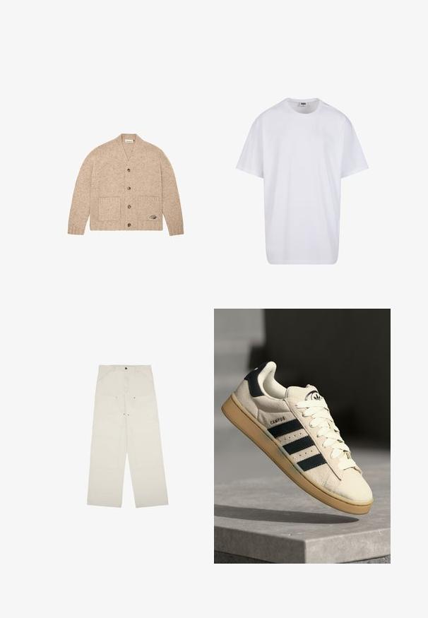 Bēša adīta džempere ar garām piedurknēm, pogām priekšā, divām priekšējām kabatām un mazu izšūtu logo apakšējā labajā kabatā.; Balta kokvilnas T-kreklu ar īsām piedurknēm, apaļu kakla izgriezumu, brīvu piegriezumu un bez redzamām logo vai rakstiem. Gluda tekstūra un minimālistisks dizains.; Gai bēšas platās bikses, izgatavotas no kokvilnas, ar priekšējiem kabatām, vienu pogu aizdari un redzamām šuvēm.; Bežs zamšs sporta apavi ar trim tumši ziliem svītrām, baltām auklām un brūnu gumijas zoli. Uz mēles ir logo un teksts "CAMPUS".