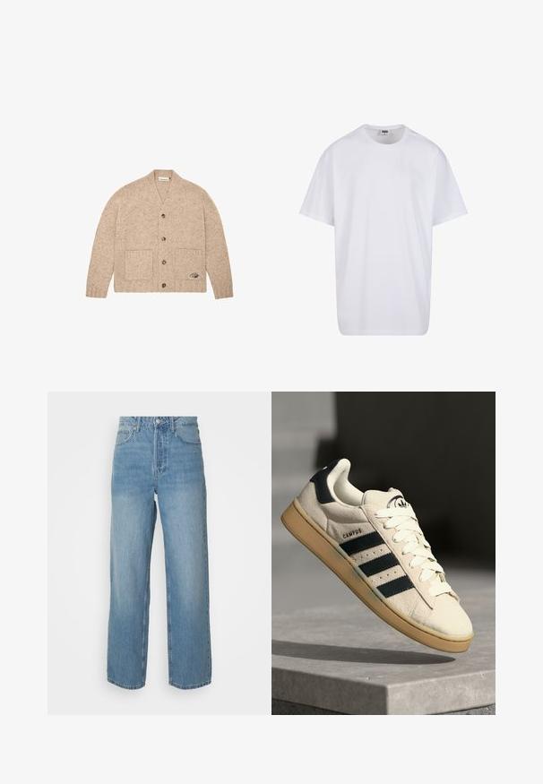 Bežni pleteni kardigan s dugim rukavima, prednjim gumbima, dva prednja džepa i malim izvezenim logotipom na donjem desnom džepu.; Bijela pamučna majica s kratkim rukavima, zaobljenim izrezom, opuštenog kroja, bez vidljivih logotipa ili uzoraka. Glatka tekstura i minimalni dizajn.; Svijetloplave traperice viskog struka s ravnim nogavicama, prednjim kopčanjem na gumbe i pet džepova na jednobrojnoj pozadini.; Beige suédne tenisice s tri tamnoplave pruge, bijelim vezicama i svijetlosmeštim gumiranim đonom. Sadrži logo na jeziku i natpis "CAMPUS".