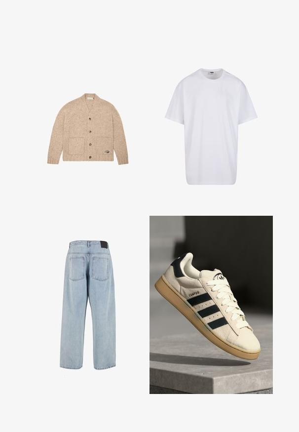Beige neulecardigan, jossa on pitkät hihat, etupainikkeet, kaksi etutaskua ja pieni brodeerattu logo oikeassa alakulmassa olevassa taskussa.; Valkoinen puuvillainen t-paita, jossa on lyhyet hihat, pyöreä kaula-aukko, rento istuvuus ja ei näkyviä logoja tai kuvioita. Sileä pinta ja minimaalinen muotoilu.; Vaaleansiniset, korkea vyötäröiset farkut, joissa on väljä leikkaus, kaksi takataskua ja musta nahkateggi vyötärön kohdalla. Suora lahje.; Beige mokkanahka lenkkarit, joissa on kolme tummansinistä raitaa, valkoiset nauhat ja vaaleanruskea kumipohja. Kengissä on logo kielessä ja "CAMPUS"-teksti.