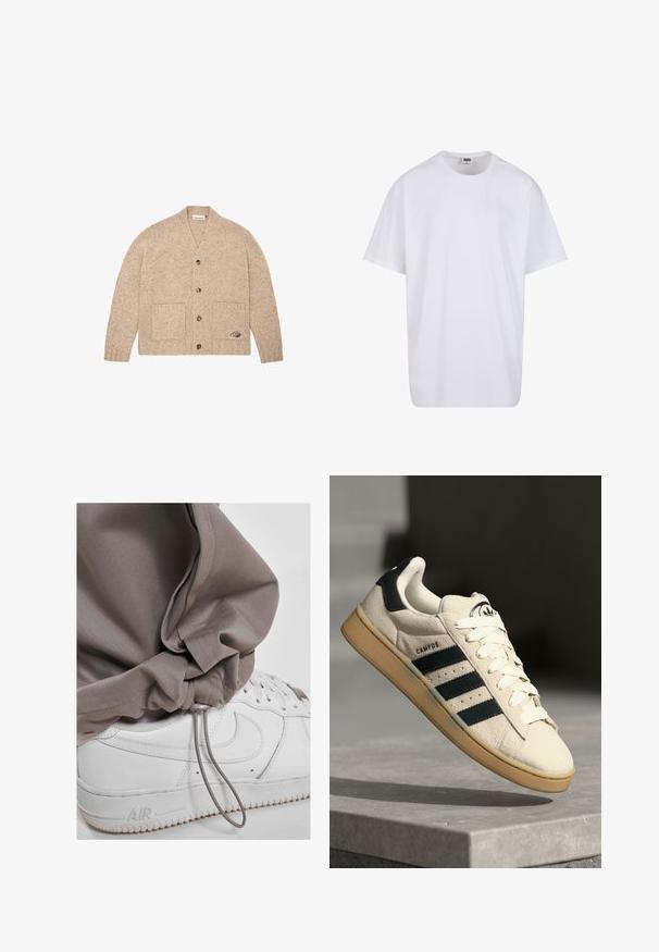 Beige knitted cardigan with long sleeves, front buttons, two front pockets, and a small embroidered logo on the lower right pocket.; White cotton t-shirt with short sleeves, rounded neckline, relaxed fit, and no visible logos or patterns. Smooth texture and minimal design.; Light gray jogger pants with a drawstring cuff, paired with white sneakers featuring a textured sole and distinct logo detail.; Beige suede sneaker with three dark blue stripes, white laces, and a tan rubber sole. Features a logo on the tongue and "CAMPUS" text.