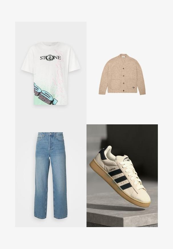 Bež pletena kardigan s dolgimi rokavi, sprednjimi gumbi, dvema sprednjima žepoma in majhnim vezenim logotipom na spodnjem desnem žepu.; Bela bombažna majica s kratkimi rokavi, ki na sprednji strani prikazuje besedo "STONE" v črni barvi, z zelenimi in roza grafičnimi poudarki ter sproščenim krojem.; Visoko pasovi svetlo modre kavbojke s ravnimi hlačnicami, sprednjim zapiranjem na gumb in petimi žepi na enobarvni podlagi.; Bež nubuk tenisice s tremi temno modrimi črtami, belimi vezalkami in svetlo rjavim gumijastim podplatom. Vključuje logo na jezikcu in besedilo "CAMPUS".