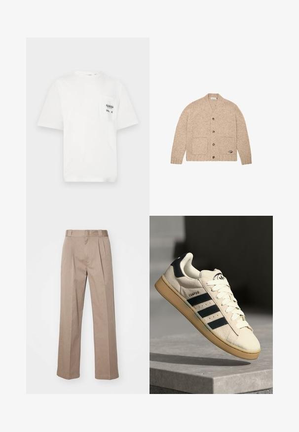 Cardigan bej tricotat, cu mâneci lungi, nasturi în față, două buzunare frontale și un mic logo brodat pe buzunarul din dreapta jos.; Tricou alb din bumbac, cu guler rotund, mâneci scurte și buzunar pe pieptul stâng, având inscripția "ODESSA" și accente în carouri.; Pantaloni bej, cu talie înaltă și design evazat. Prezintă două pliuri frontale și o textură netedă. Lungime standard cu un finisaj curat.; Adidași din suede bej cu trei dungi albastre închise, șireturi albe și o talpă din cauciuc bej. Prezintă un logo pe limba pantofului și textul "CAMPUS".