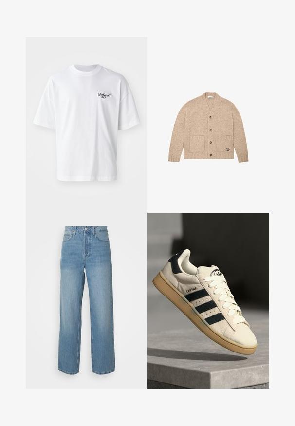 Smėlio spalvos megzta kardiganas su ilgomis rankovėmis, priekiniais mygtukais, dviem priekinėmis kišenėmis ir mažai siuvinėta logotipu apatinėje dešinėje kišenėje.; Balta medvilnė t-shirtą su apykakle ir trumpomis rankovėmis. Kairėje krūtinės pusėje yra juodas rašytinis logotipas. Atpalaiduotas siluetas su šoninėmis siūlėmis.; Aukštos juosmens šviesiai mėlyni džinsai tiesiomis kojomis, priekinis mygtukų užsegimas ir penkių kišeninių stilius ant vientisos fono.; Kreminio veliūro sportbačiai su trimis tamsiai mėlynomis juostelėmis, baltais raišteliais ir šviesiai rudais guminiais padais. Ant liežuvėlio yra logotipas ir užrašas "CAMPUS".