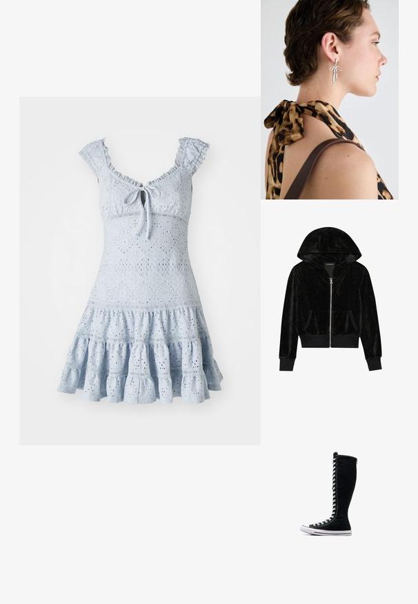 Sweatshirt com capuz em veludo preto, com fecho éclair, bolsos frontais e punhos canelados. Textura suave e design simples focado no conforto.; Vestido de renda azul claro com corpete ajustado, mangas bufantes, decote com laço e saia rodada em camadas com padrões florais.; Tênis de cano alto pretos com um design alto, feitos de lona. Apresentam atacadores brancos, costura e uma sola de borracha com biqueira.; Brincos de prata com formas alongadas e um detalhe em laço, exibidos contra um fundo de uma blusa com padrão de onça.