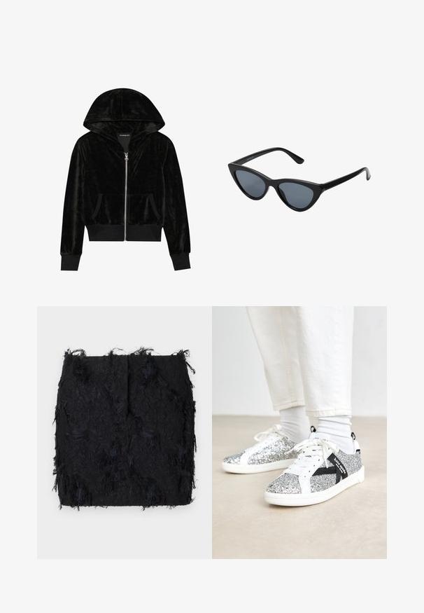 Svart fløyels zip-up hettegenser med buet hette, frontlommer og ribbestrikkede ermer. Glatt tekstur og enkelt design med fokus på komfort.; To kvinner med ribbestrikkede utringninger uten ermer i brun og svart, vist på en enkel hvit bakgrunn.; Svart teksturert skjørt med lagdelt frynse-design og en litt ujevn kant, laget av et lett materiale.; Glitrende sølv sneakers med en hvit og svart design. Har hvite snørebånd og detaljer, samt en teksturert, glitrende overflate.; Sorte cat-eye solbriller med mørk grå linser, glatte plastikkrammer, spisse hjørner og rette stenger. Ingen synlig maskinvare eller detaljer.; Burgunderfarget lærhåndveske med en buet form, gullfarget detaljer på hardware og glidelås lukking. Har en avtagbar skulderrem.