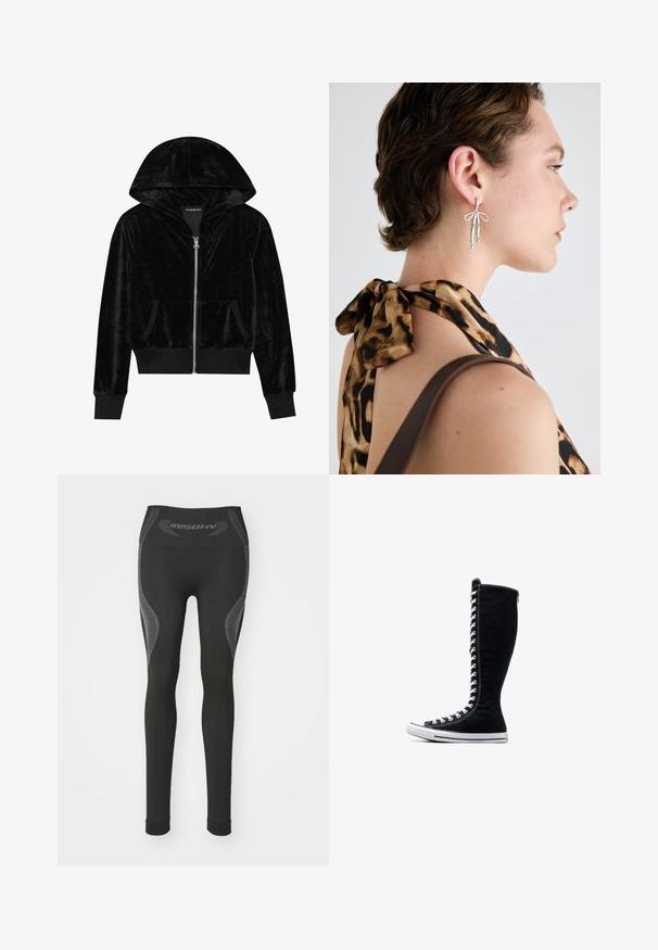 Hanorac negru din catifea cu fermoar, cu glugă în formă curbată, buzunare frontale și manșete ribbate. Textură netedă și design simplu axat pe confort.; Două bluze fără mâneci, din tricot cu guler înalt, în nuanțe de maron și negru, expuse pe un fundal alb simplu.; Colanți negri cu talie înaltă, cu accenturi gri și panouri texturate pe laterale. Realizați dintr-un material elastic.; Adidași negri cu glezna înaltă, cu un design elevat, realizați din pânză. Acestia au șireturi albe, cusături și o talpă din cauciuc cu capac pentru degete.; Cercei din argint, proiectați cu forme alungite și detalii sub formă de fundiță, expuși pe un fundal cu imprimeu de leopard.