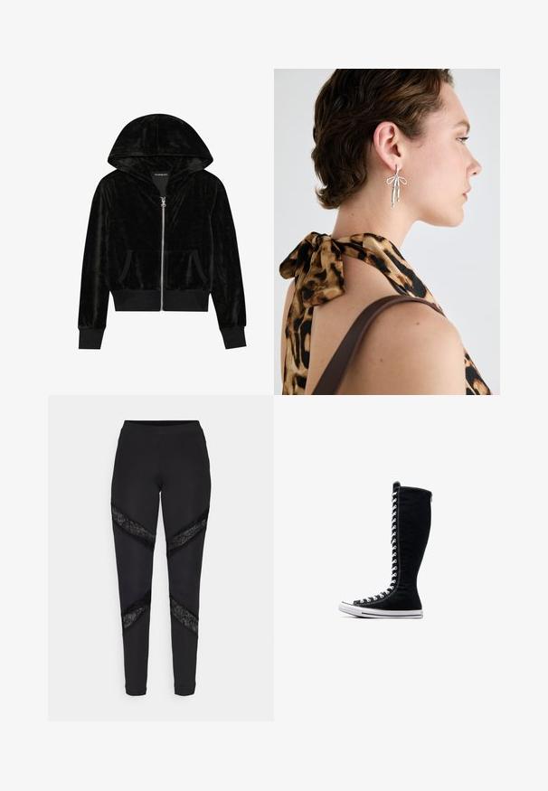 Svart fløyels zip-up hettegenser med buet hette, frontlommer og ribbestrikkede ermer. Glatt tekstur og enkelt design med fokus på komfort.; To kvinner med ribbestrikkede utringninger uten ermer i brun og svart, vist på en enkel hvit bakgrunn.; Svart leggings med trekantede utsnitt pyntet med svart blonde på sidene, laget av et elastisk stoff med en tettsittende design.; Svarte høyhælte sneakers med et høyt design, laget av kanvas. Har hvite snører, sømmer og en gummisåle med tåhette.; Sølvøreringer designet med avlange former og en sløyfedetalj, vist mot en bakgrunn av et leopardmønstret topp.
