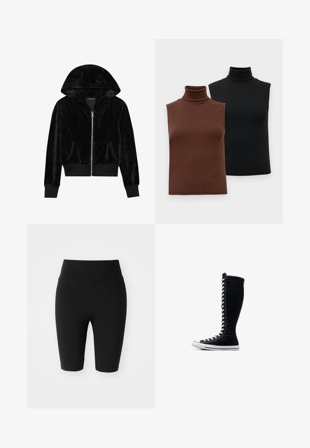 Sweatshirt com capuz em veludo preto, com fecho éclair, bolsos frontais e punhos canelados. Textura suave e design simples focado no conforto.; Duas blusas de gola alta caneladas sem mangas, uma em castanho e outra em preto, exibidas num fundo branco liso.; Calças de bicicleta pretas feitas de tecido elástico, com uma cintura alta e um design sem costuras. O comprimento chega um pouco acima do joelho.; Tênis de cano alto pretos com um design alto, feitos de lona. Apresentam atacadores brancos, costura e uma sola de borracha com biqueira.