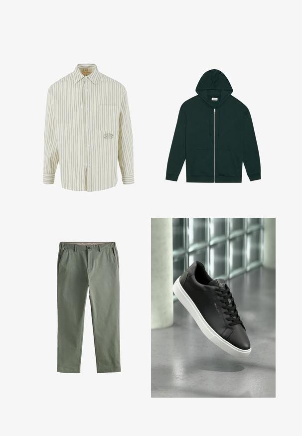 Tmavozelená zipsová mikina vyrobená z jemného materiálu, s predným vreckom, sťahovacími šnúrkami a podšívkou kapucne. Má rebrované manžety a lem.; Svetlozelená a biela pruhovaná košeľa s gombíkovým zapínaním, náprsníkom a vyšitým logom na ľavej strane. Bavlnený materiál, dlhé rukávy.; Svetlo olivové rovné nohavice vyrobené z mäkkej tkaniny. Obsahujú dve predné vrecká, zapínanie na gombík a hladký pás.; Čierne kožené tenisky s bielou gumovou podrážkou, okrúly špička a šnurovanie. Majú hladkú textúru a jemné logo na jazyku.