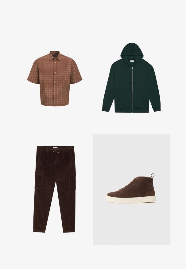 Tamsiai žalia užtrauktuku užsiseganti džemperis, pagamintas iš minkštos medžiagos, su priekinėmis kišenėmis, raišteliais ir pamuštu gobtuvu. Yra raukšlėti rankogaliai ir apatinės dalies kraštas.; Rudo patikrinimo rašto trumpas rankovėmis marškinėliai su baltais ir smėliniais akcentais, su apykakle, mygtukų priekyje ir viena krūtinės kišenė.; Rudos korduroyno audinio cargo kelnės su elastinga juosmena, raišteliu, dviem šoniniais kišenėmis ir dviem didelėmis cargo kišenėmis šlaunyse.; Rudos zomšo aulinukai su balta guma, su apvaliu nosiu, raištelių užsegimu ir kilpeliu gale.